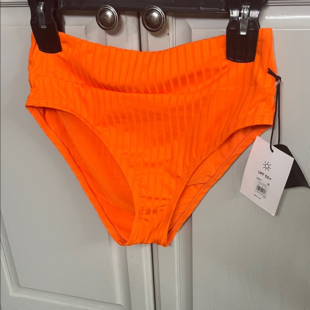 High-Waist Ribbed Bikini Bottom - Neon Orange